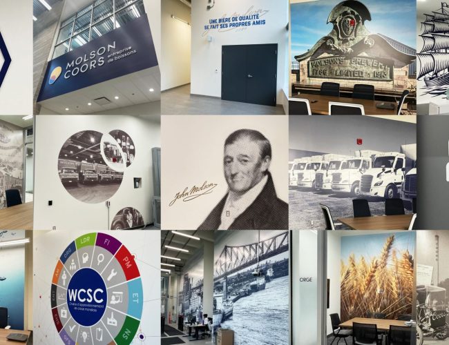 Almost every wall in the new Molson Coors brewery has been covered with graphics, creating a visual representation of the company’s past, present and future
